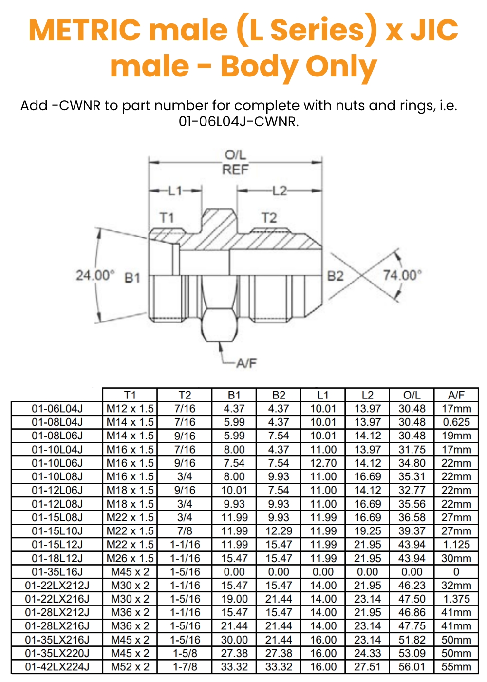 M12 (6L)  x 7/16 JIC M/M - Body Only Hydraulic Adaptor